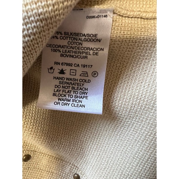 Sigrid Olsen Silk Blend Tan Leather Trim Long Sleeve Crew Neck Cardigan Size MP - Picture 5 of 8